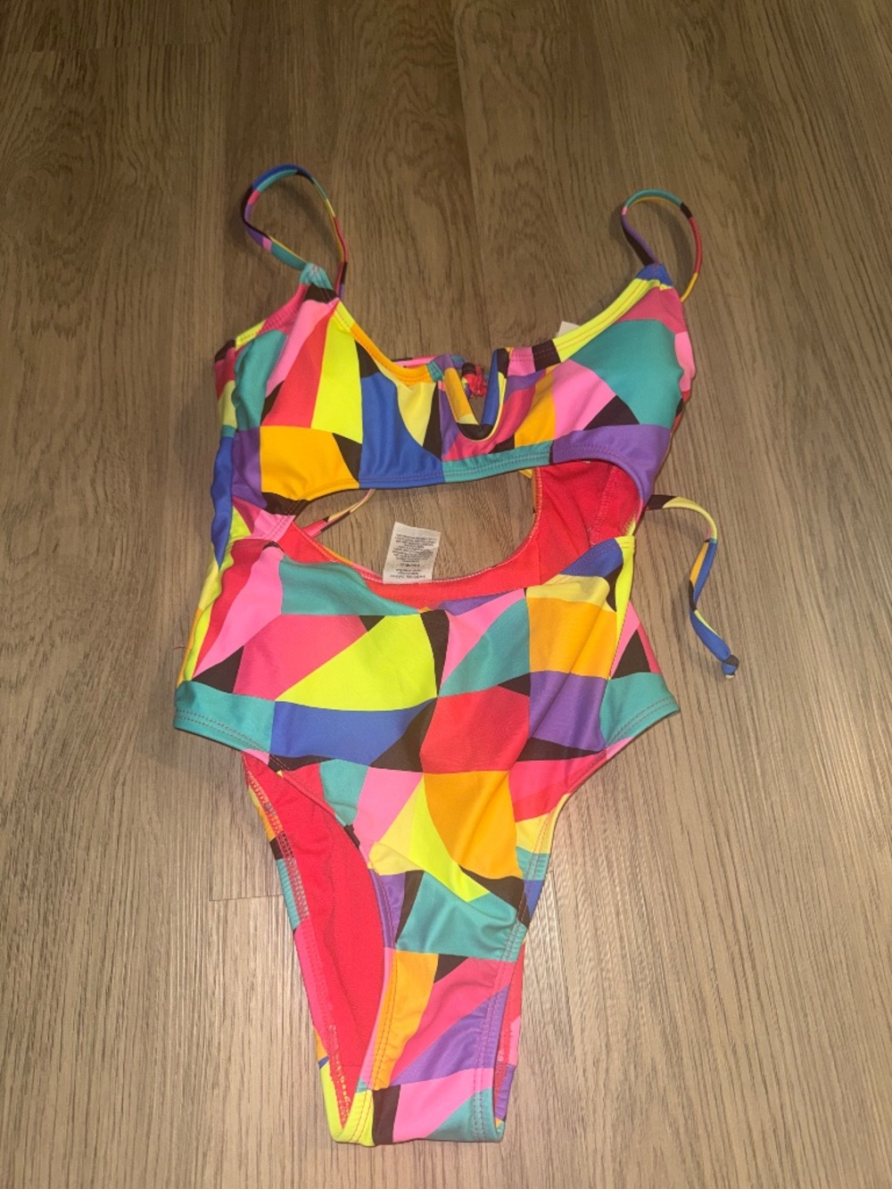 Y2K Rainbow Geometric Cutout One Piece Swimsuit Cheeky High Leg Festival Rave XS